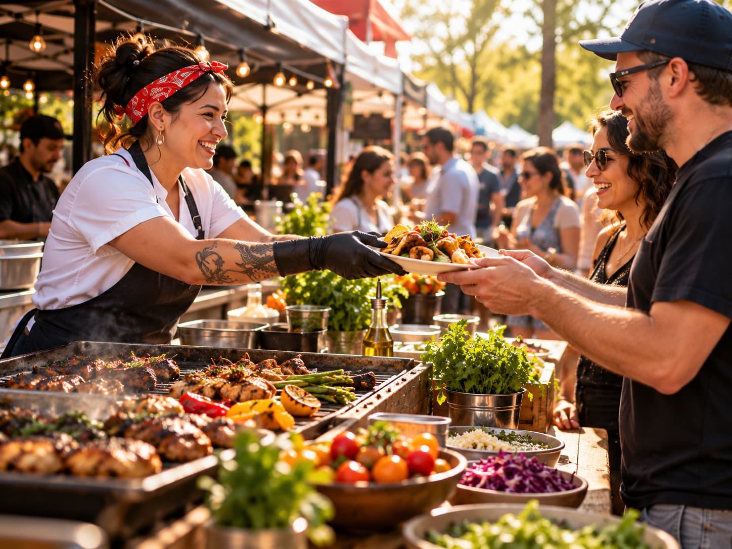 A vendor sharing a freshly prepared plate at an outdoor food festival