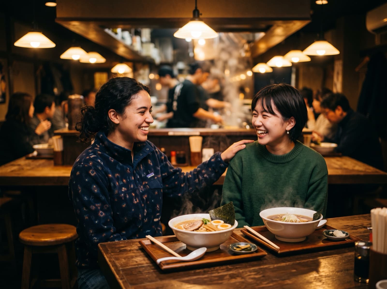 Two friends sharing bowls of ramen at a counter