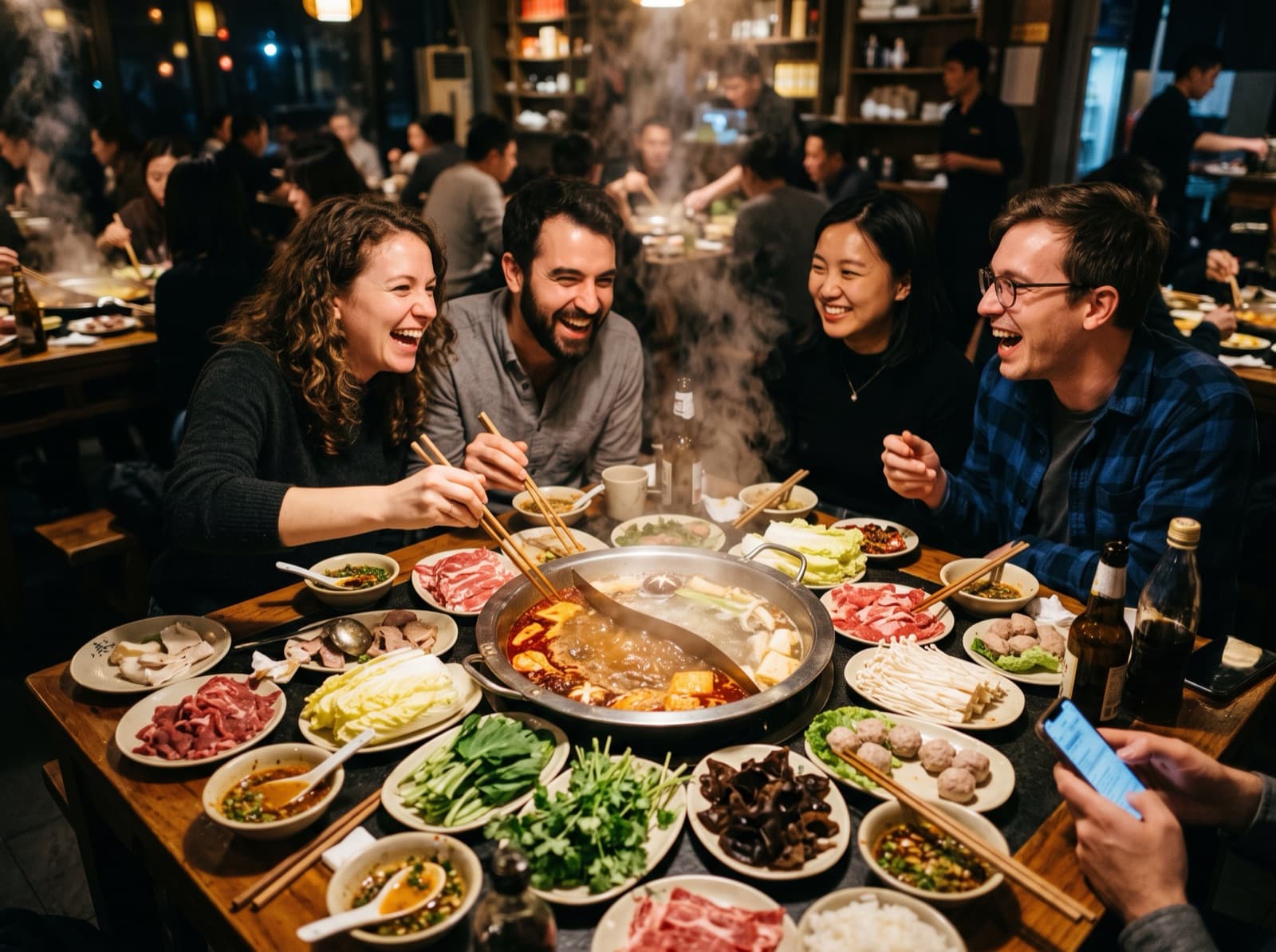Friends laughing around a shared hot pot table