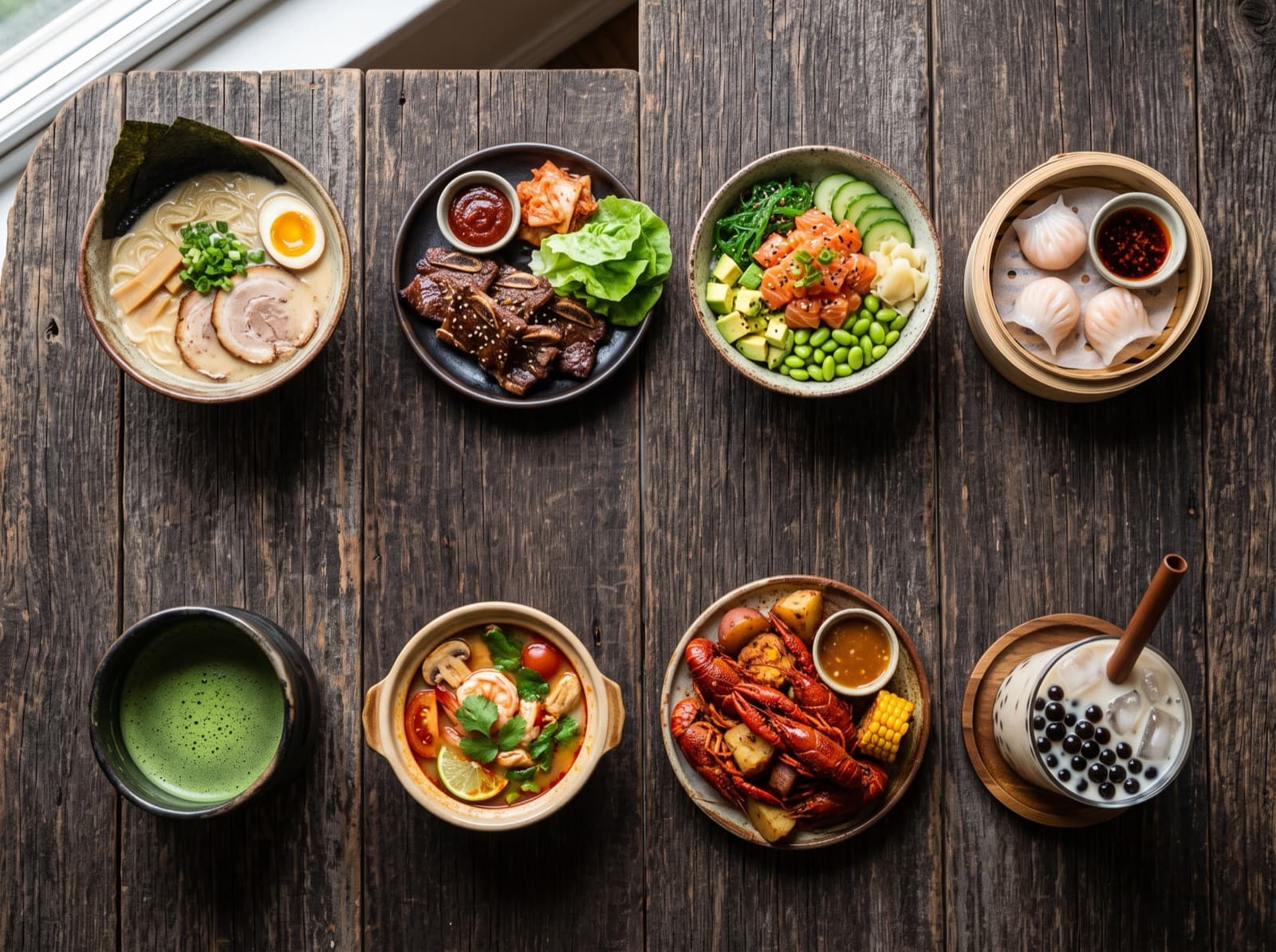 Dishes from eight different kitchens laid out on a wood table