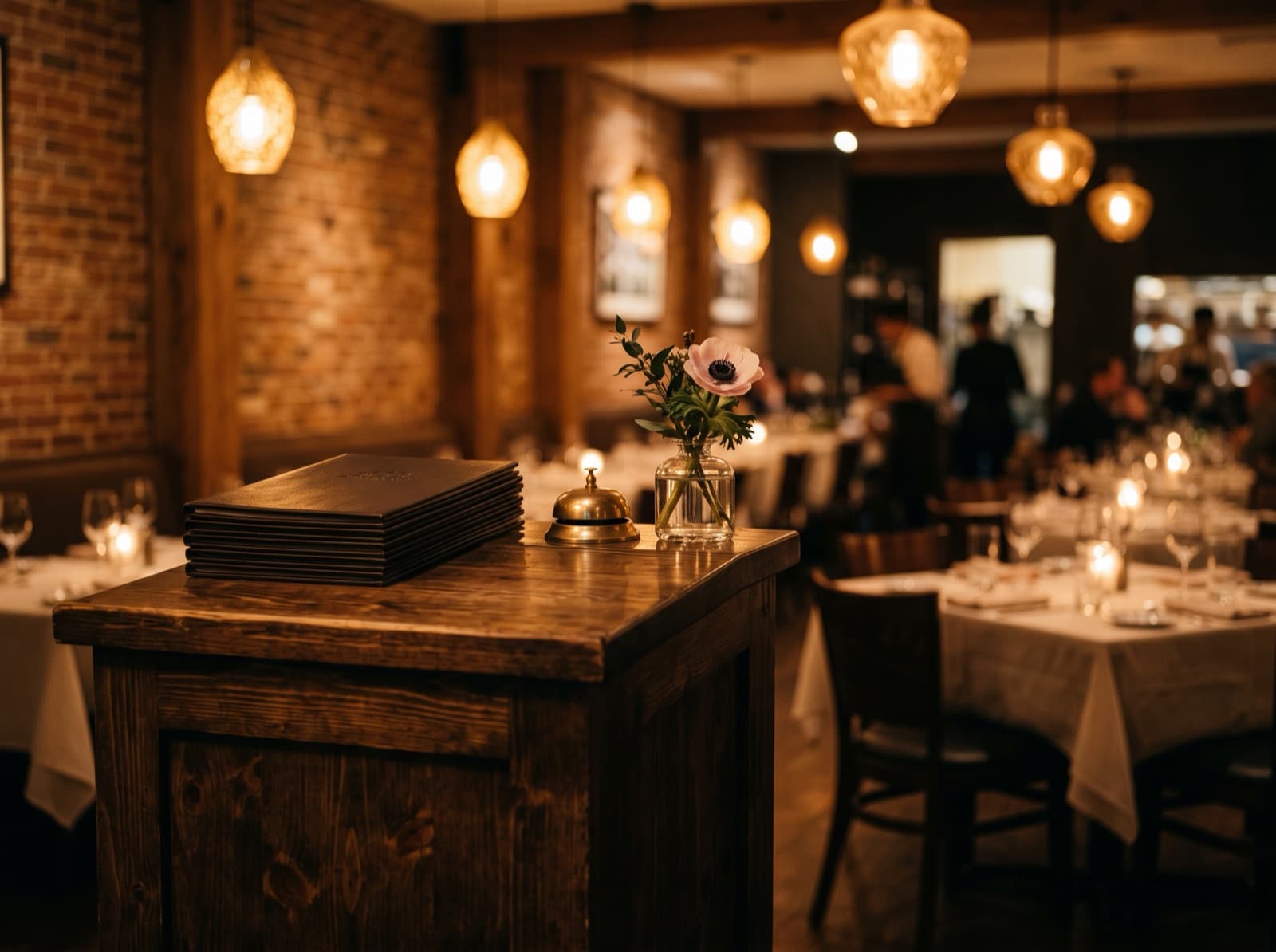 A restaurant host stand in the early evening