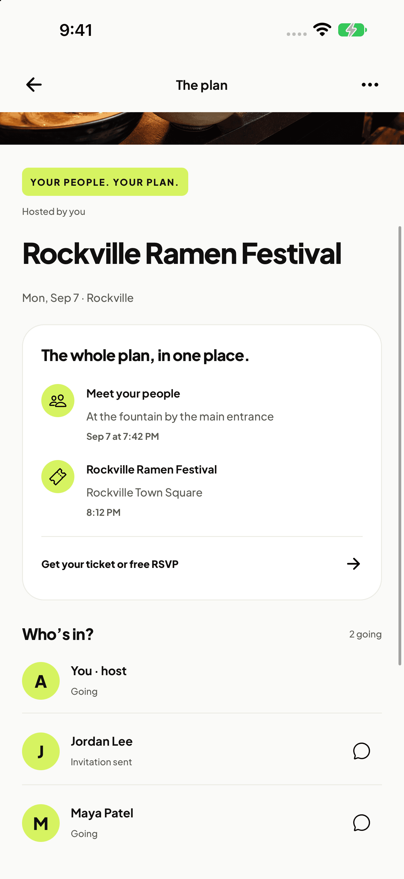The Your shared plan screen in FOMO Events